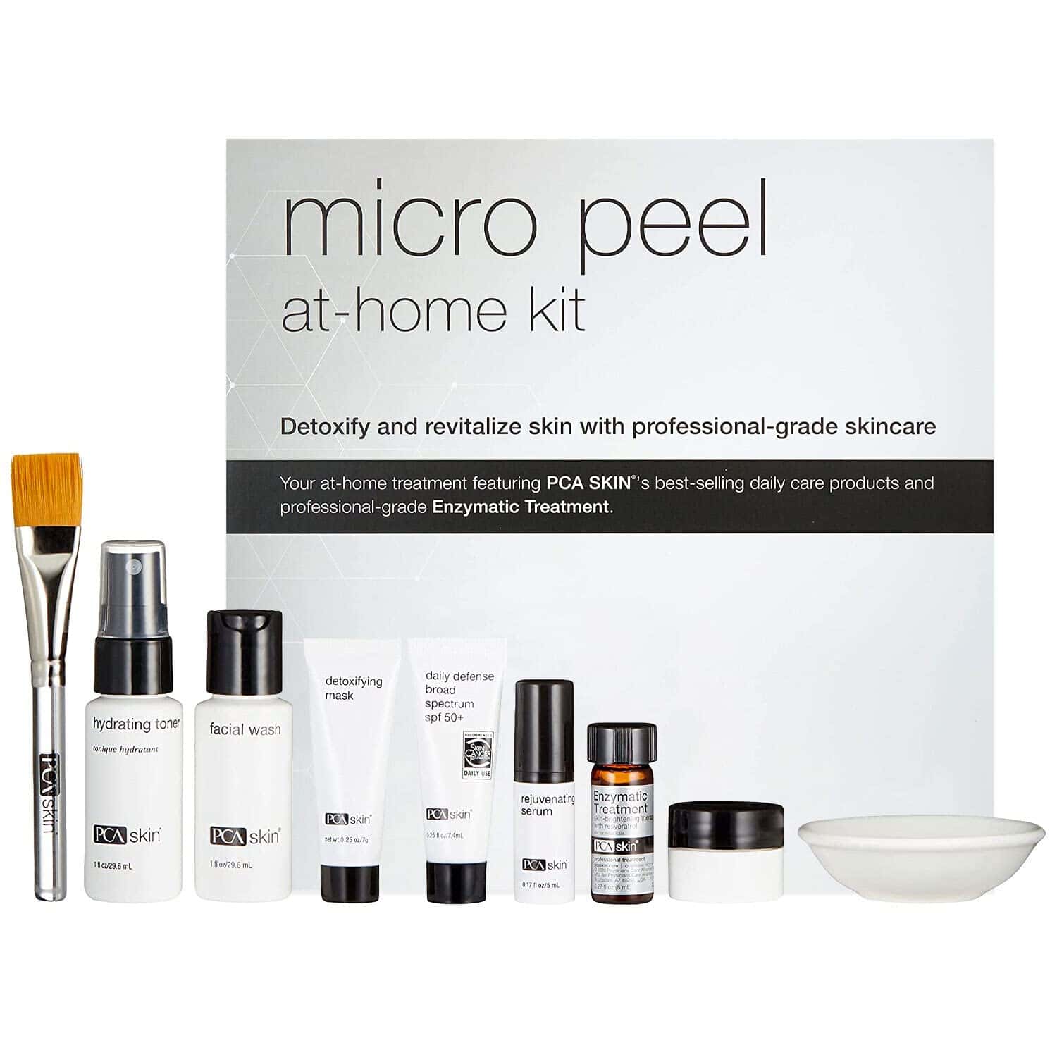 PCA Skin Micro Peel At-Home Kit featuring professional enzymatic treatment and daily skincare essentials.