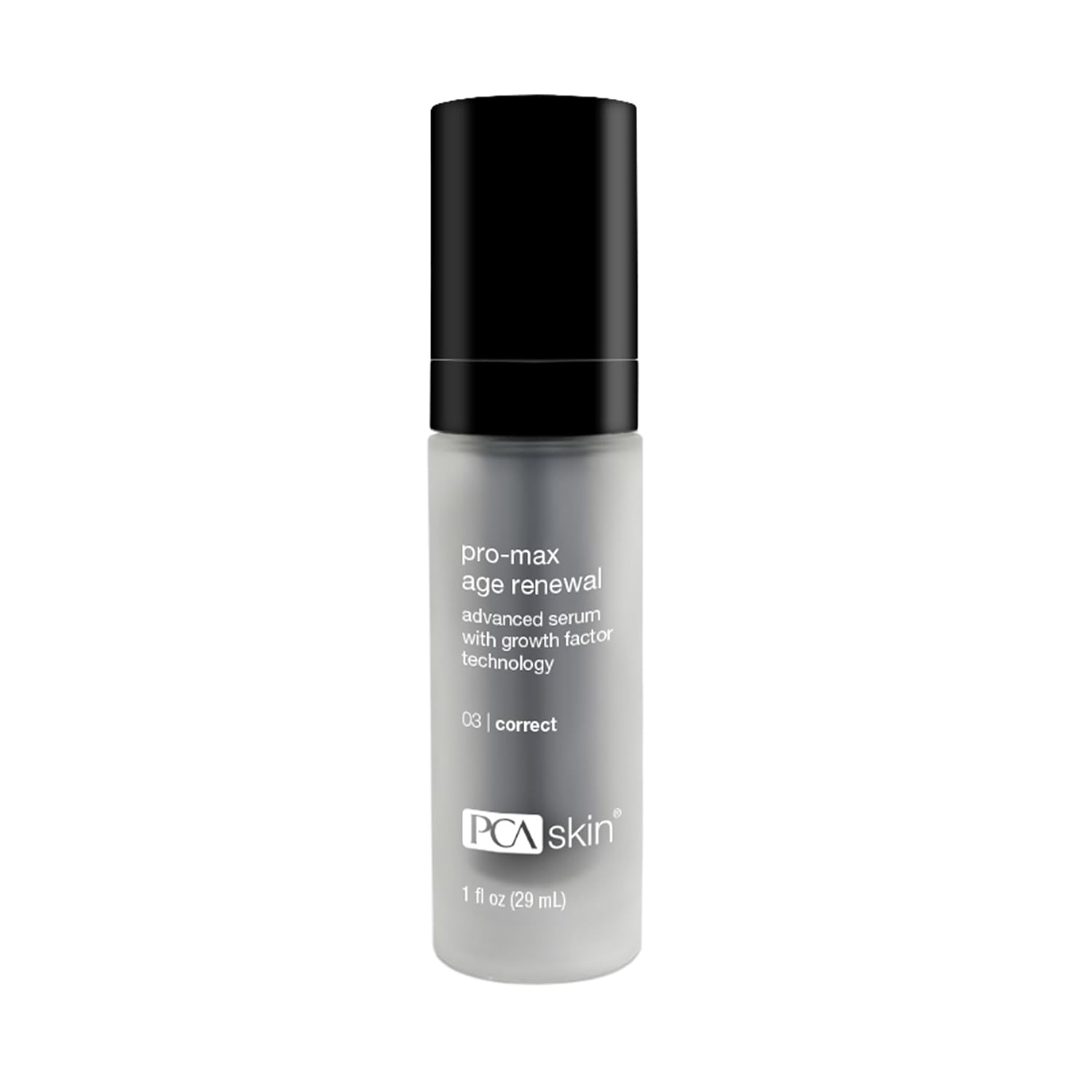 PCA Skin Pro-max Age Renewal serum in a black and translucent-frosted 1 oz bottle.