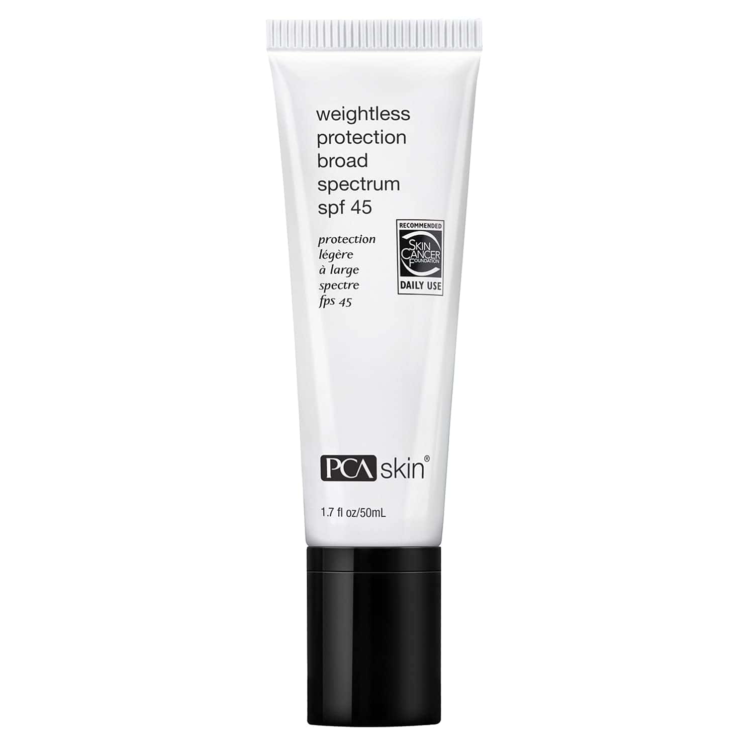 PCA Skin Weightless Protection Broad Spectrum SPF 45 bottle, 1.7 fl oz size.