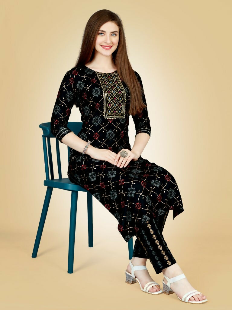 Women's Black Embroidered Viscose Rayon Straight Kurta Pant Set