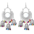 Half moon design Kashmiri jhumka earrings featuring mirror work and dangling drops.