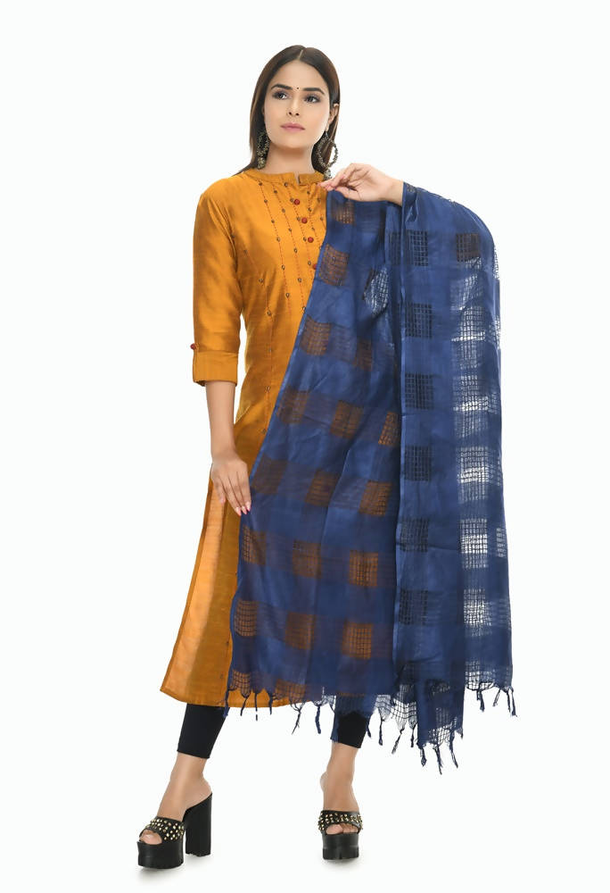 Navy blue cotton dupatta featuring a window pattern design