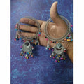 Bohemian antiqued silver latkan bangles with colorful pearl accents and dangling jhumkas