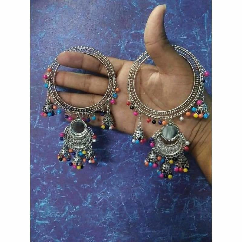 Bohemian antiqued silver latkan bangles with colorful pearl accents and dangling jhumkas