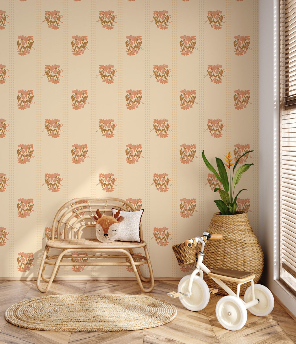 Kate Floral Wallpaper in Cream, Muted-Pink, Sage-Green, and Tan