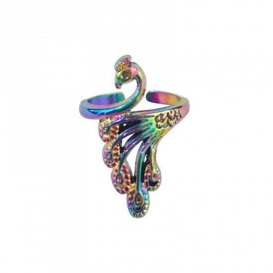 Decorative peacock-inspired silver-toned metal yarn tension ring for knitting and crochet