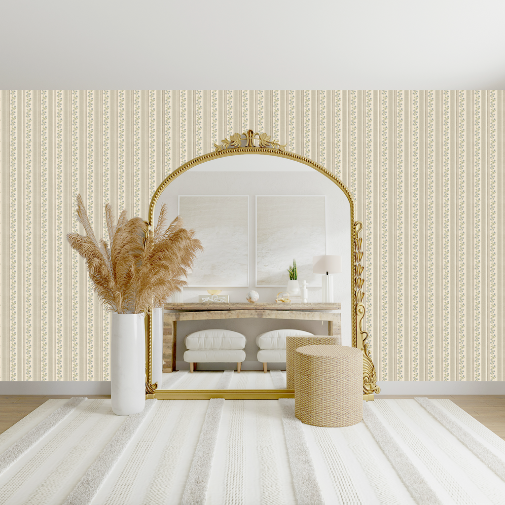 Auggie Striped Wallpaper in Pink, Cream, and Sage-Green