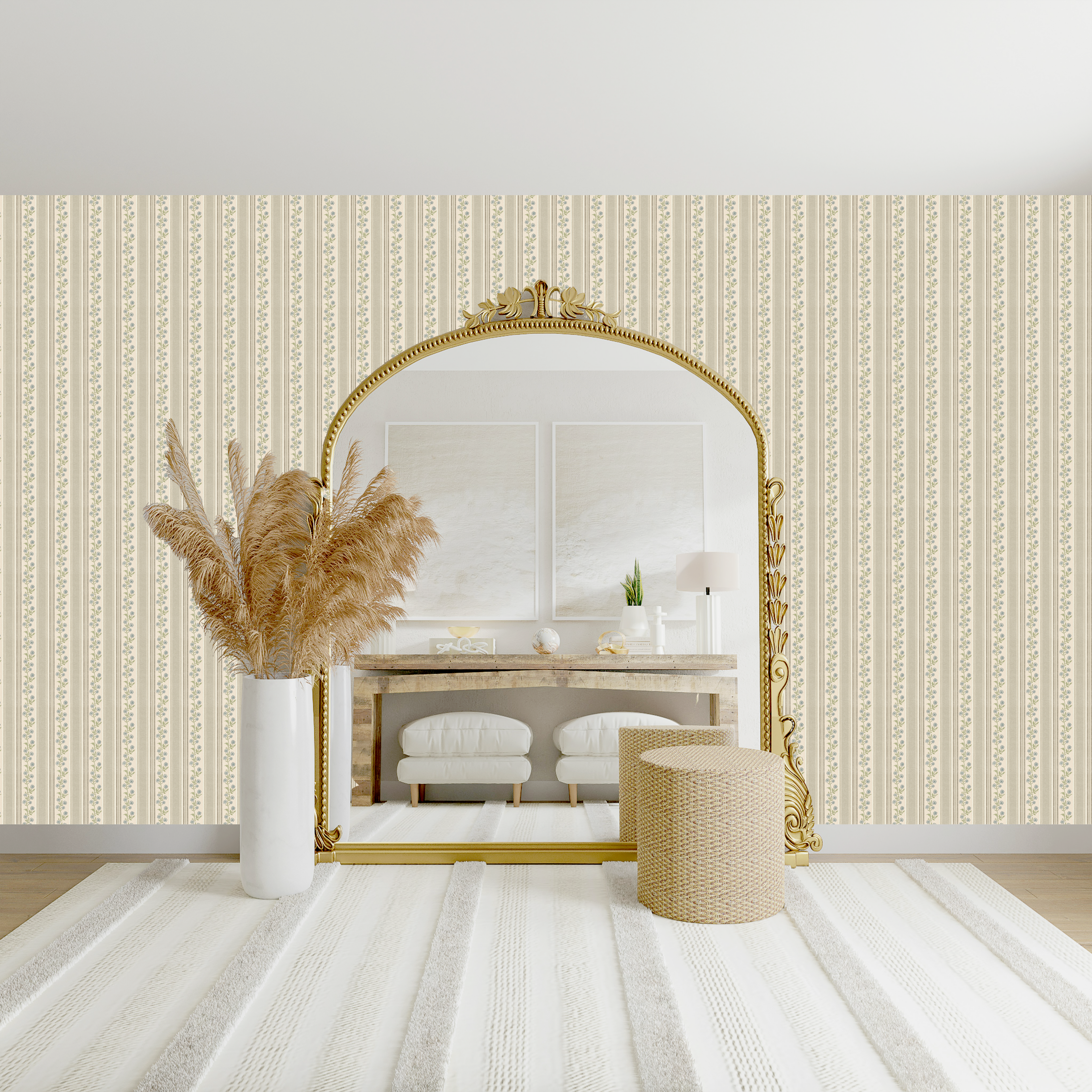 Auggie Striped Wallpaper in Pink, Cream, and Sage-Green
