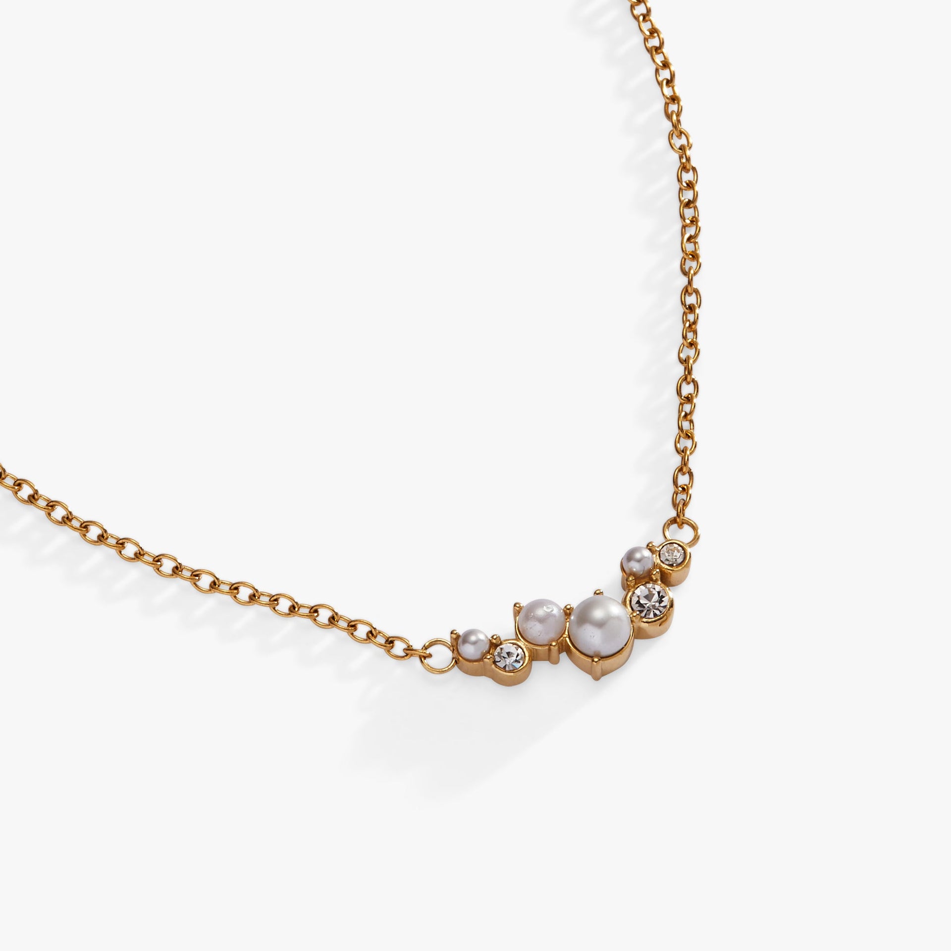 Pearl and Crystal Inline Pendant Necklace in Gold-Tone Stainless Steel