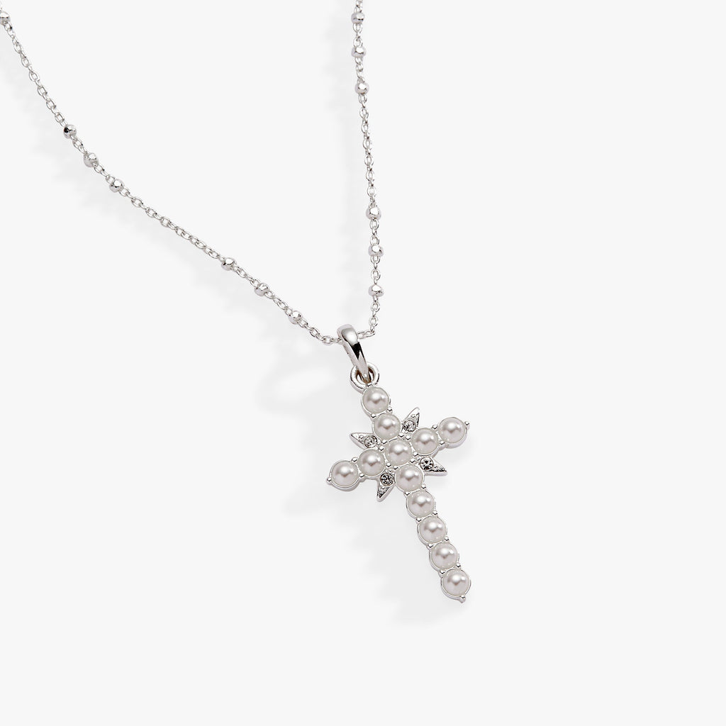 Divine Guides Cross Pendant Necklace featuring pearl and crystal accents on an adjustable gold and silver tone chain.