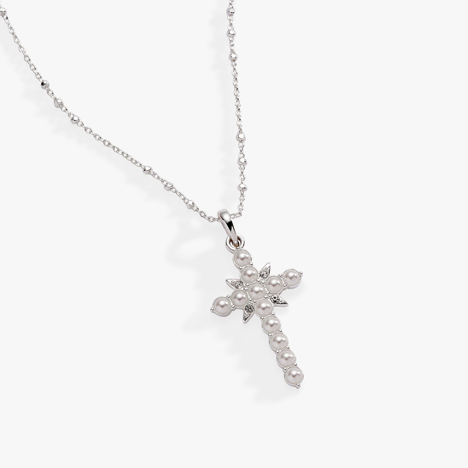 Divine Guides Cross Pendant Necklace featuring pearl and crystal accents on an adjustable gold and silver tone chain.