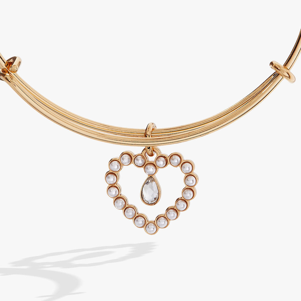 Gold Tone Pearl Heart Charm Expandable Bangle Bracelet