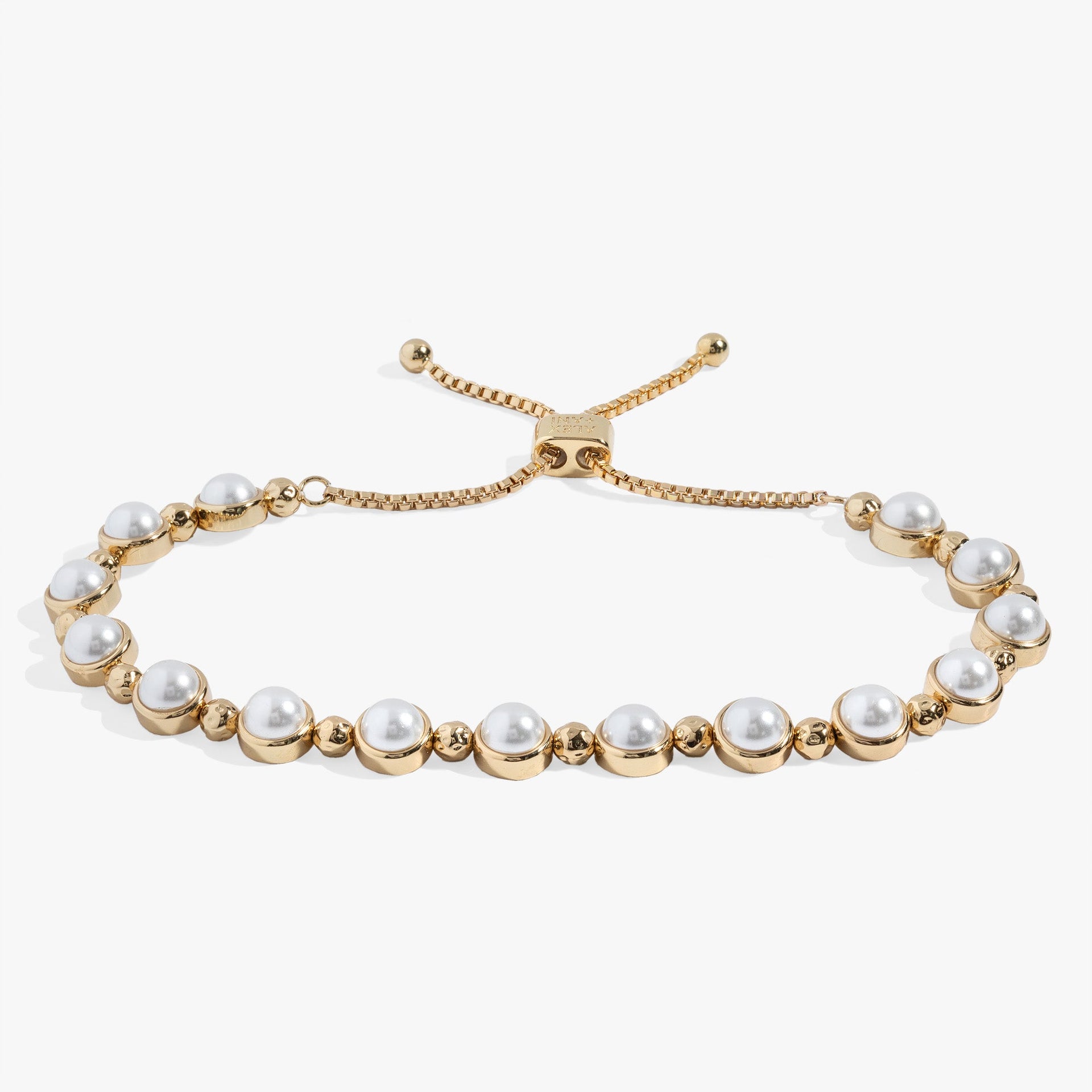 Adjustable pearl bolo bracelet featuring glass pearls with a silver or gold slider closure.