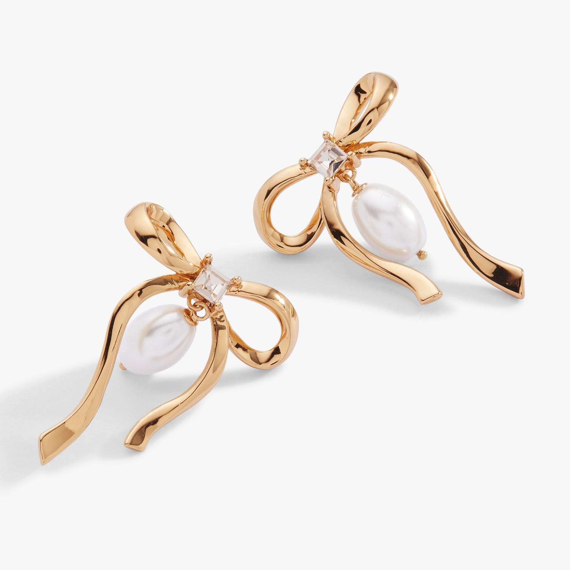 Gold-Plated Bow Pearl Coquette Drop Earrings with Crystal