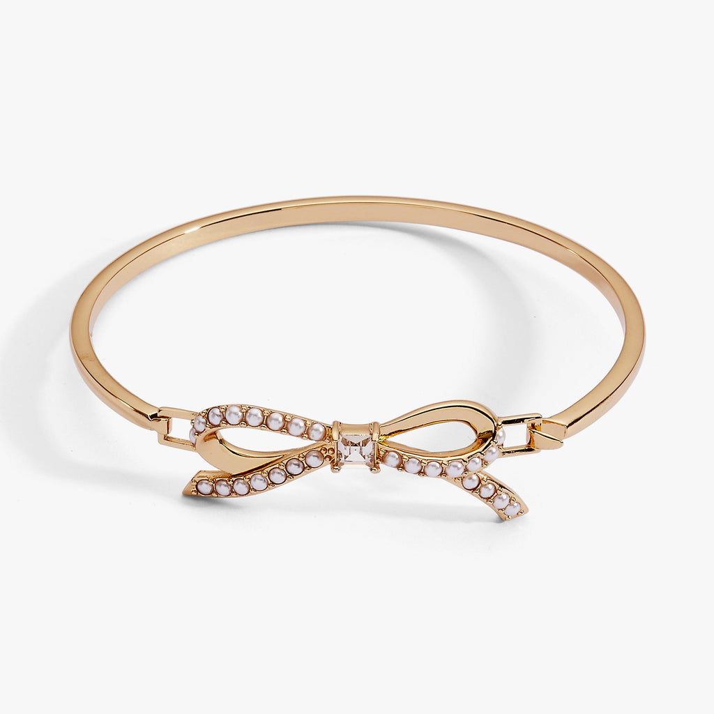 Gold-Plated Bow Pearl Bangle with Crystal Accent