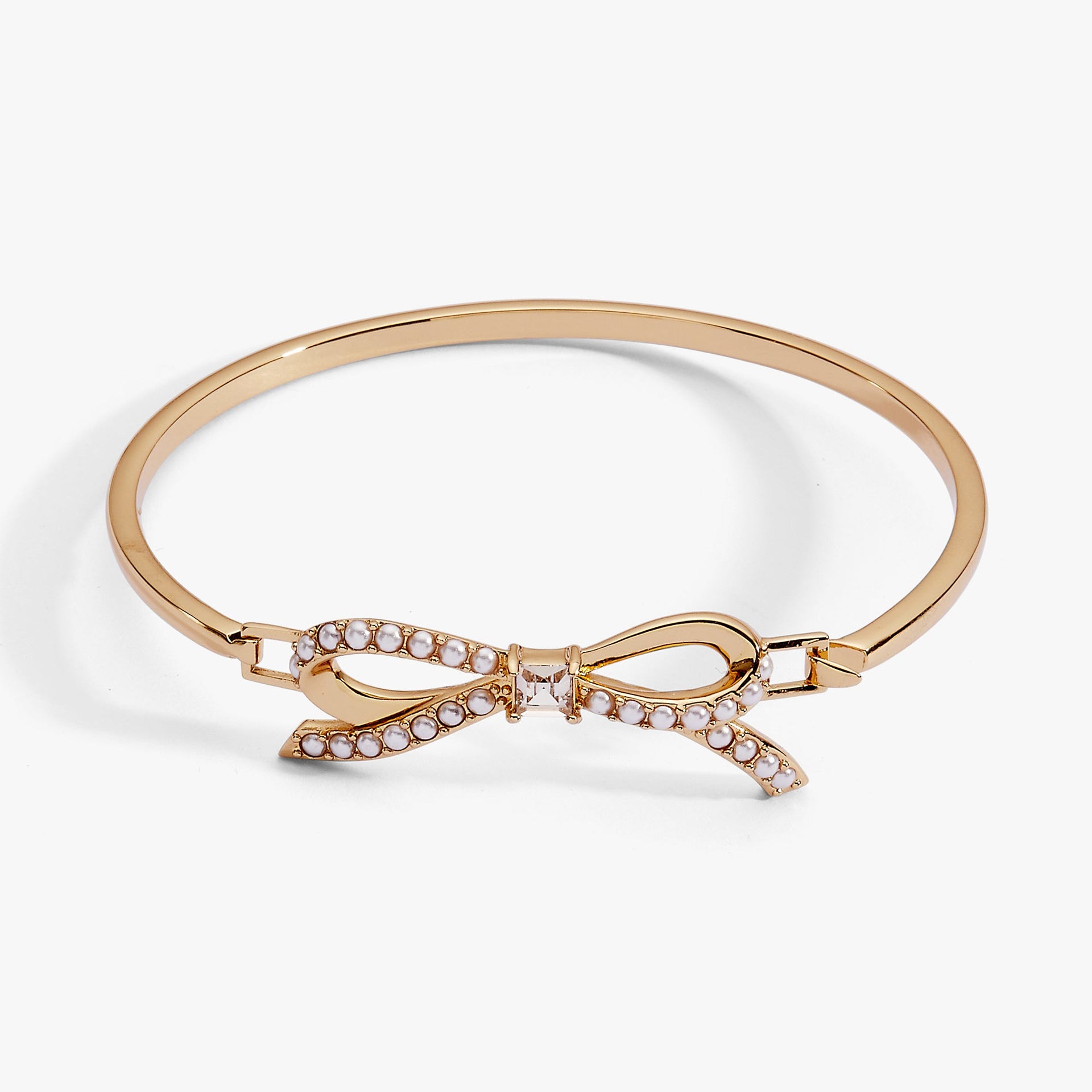 Gold-Plated Bow Pearl Bangle with Crystal Accent