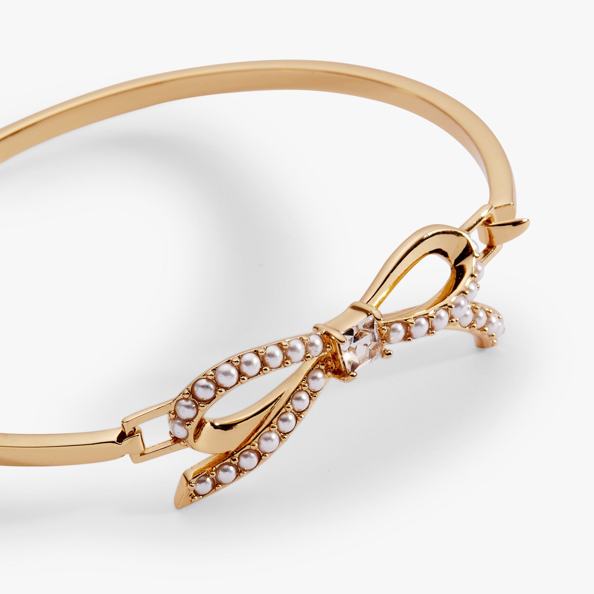 Gold-Plated Bow Pearl Bangle with Crystal Accent