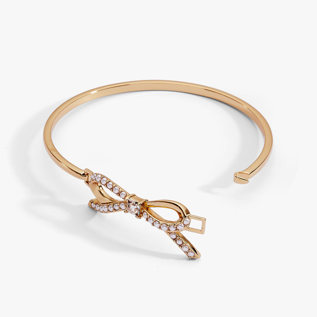 Gold-Plated Bow Pearl Bangle with Crystal Accent