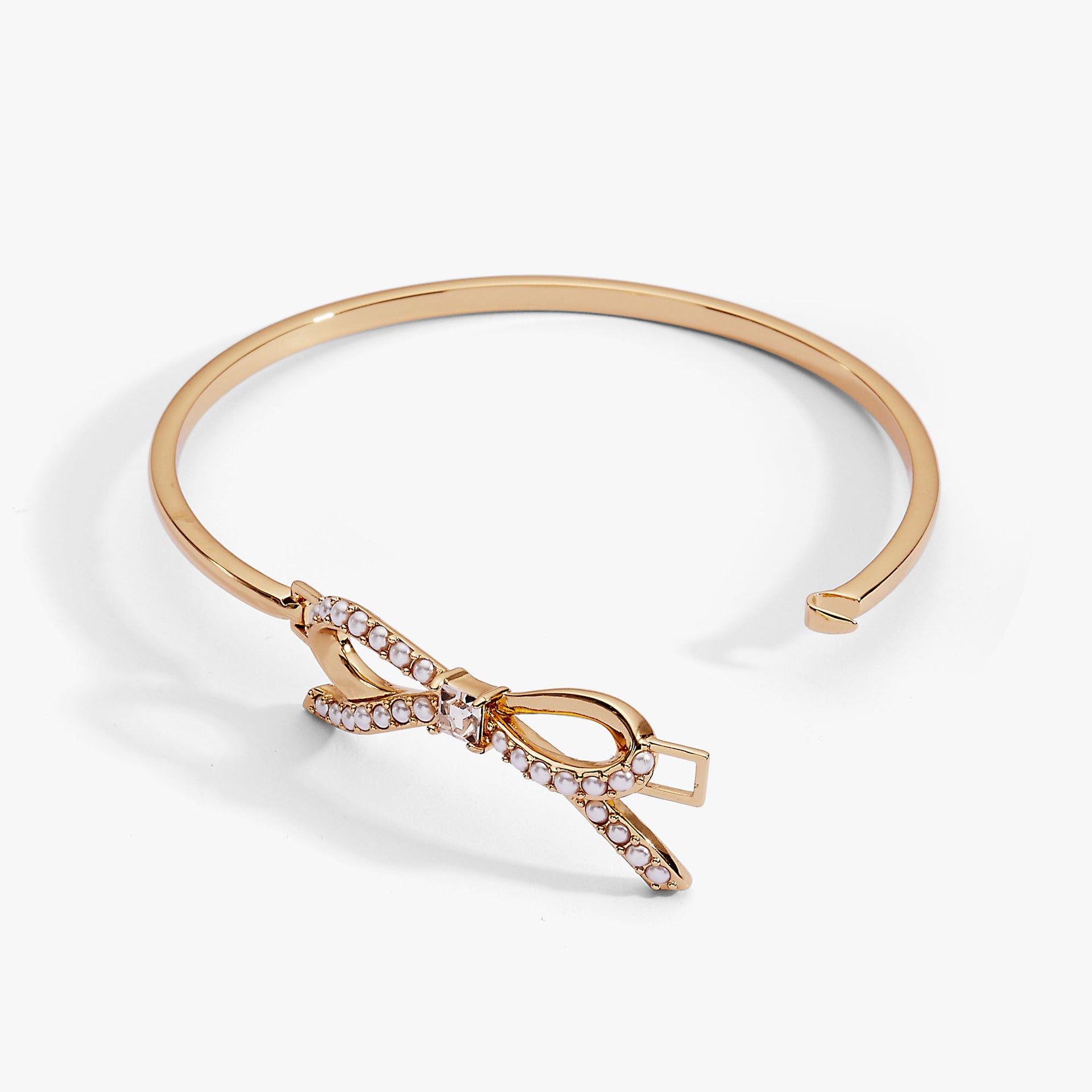Gold-Plated Bow Pearl Bangle with Crystal Accent