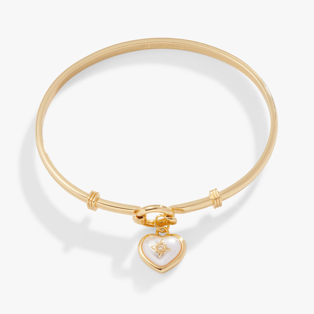 Gold and white pearl heart and crystal charm clip bangle