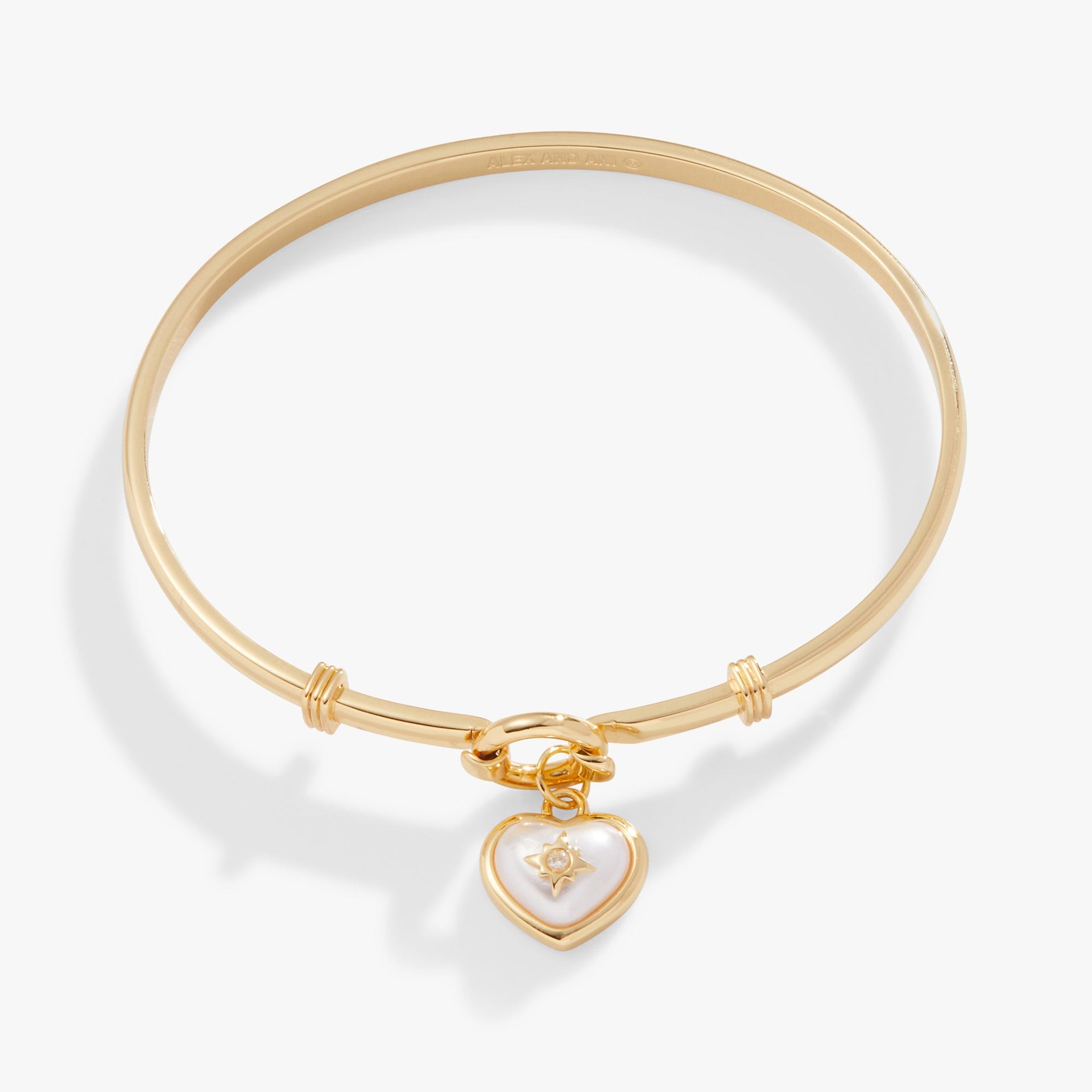 Gold and white pearl heart and crystal charm clip bangle