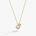 Pearl Heart Duo Charm Necklace with white faux pearl and gold crystal-accented puffy heart charms