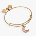 Expandable bangle bracelet with a crescent moon charm and pearl crystal accents