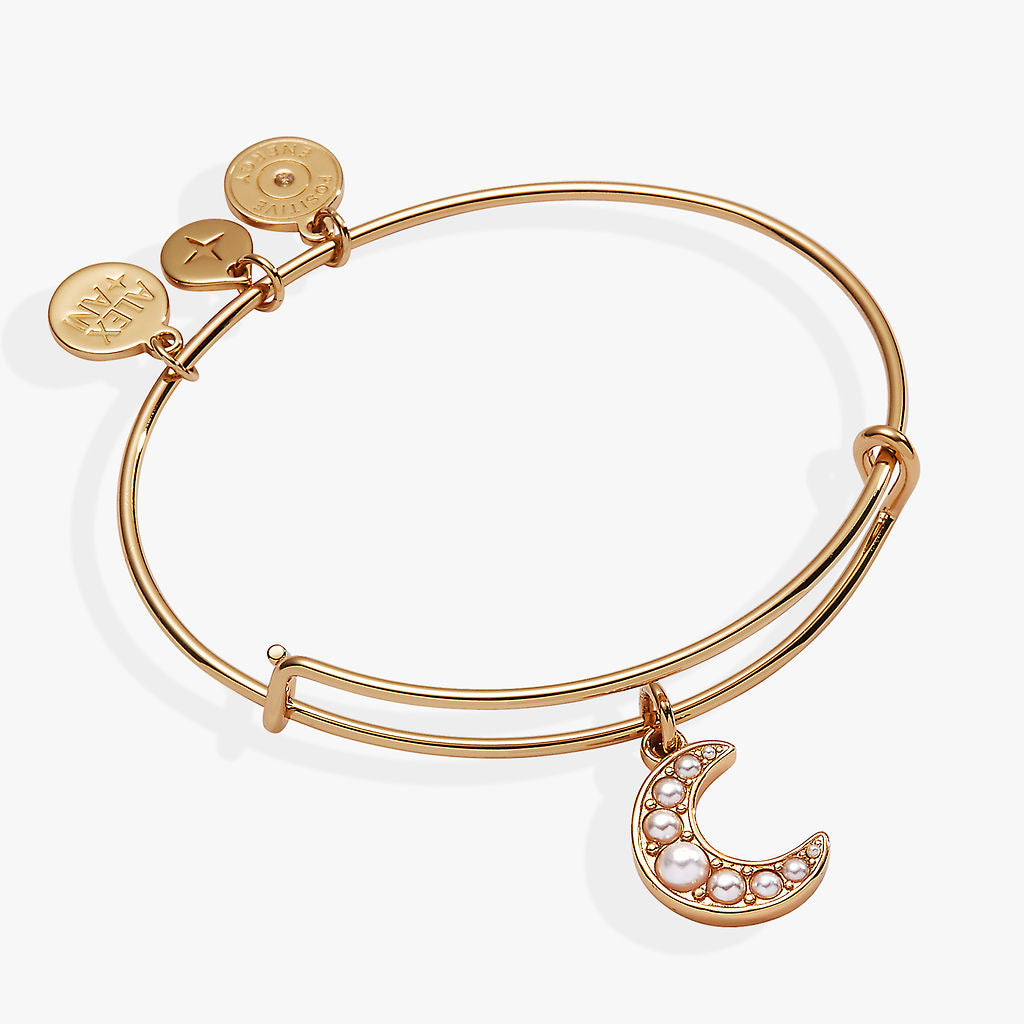 Expandable bangle bracelet with a crescent moon charm and pearl crystal accents
