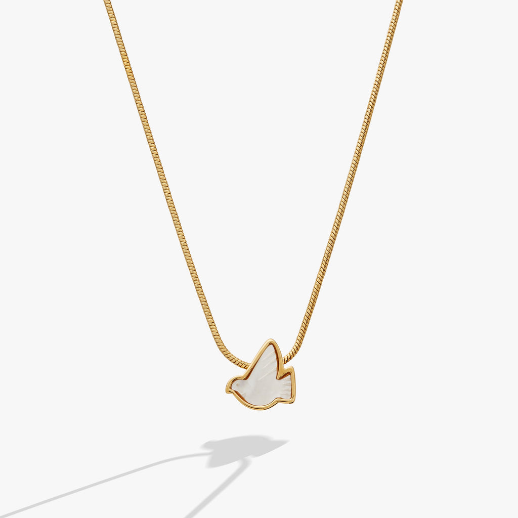 Pearlized dove pendant slider necklace with gold plating and mother of pearl inlay