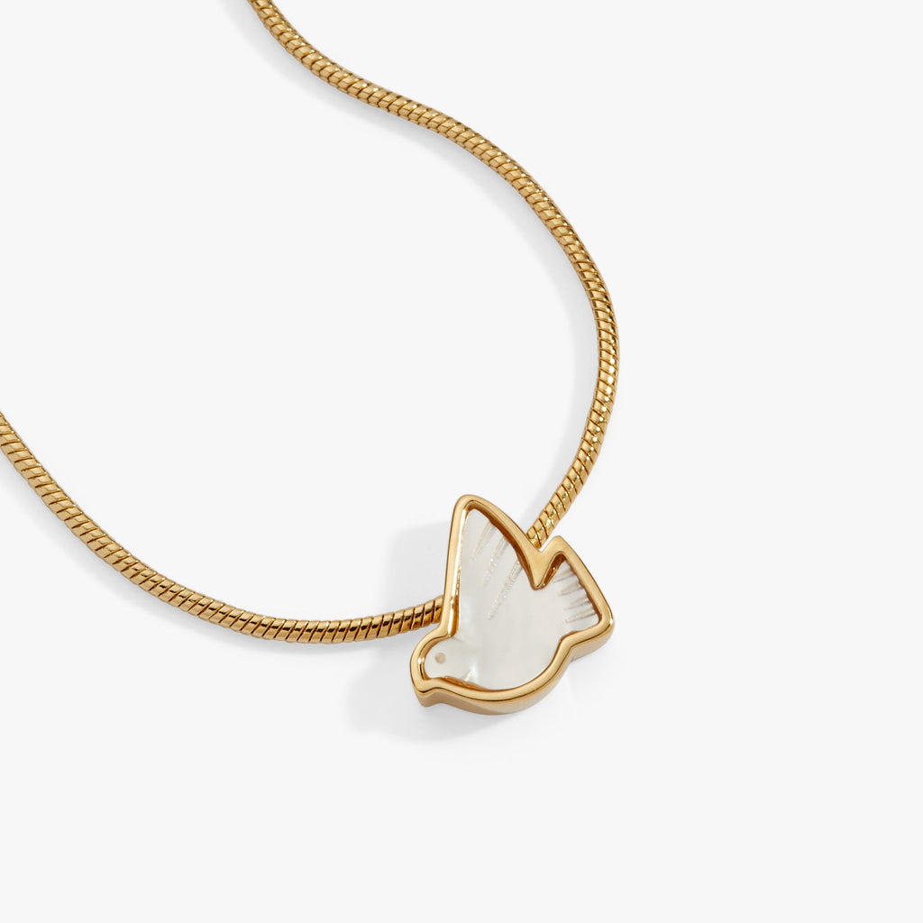 Pearlized Dove Peace Slider Necklace in Gold and White