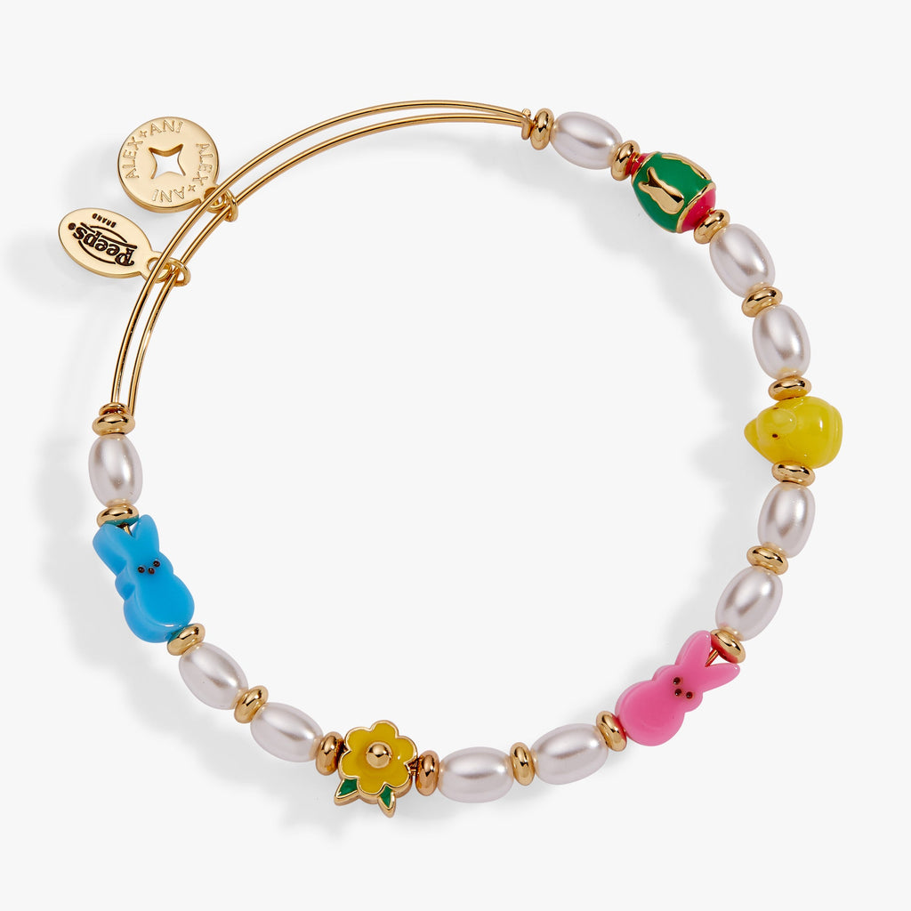 PEEPS Chick and Bunny Beaded Bangle with enamel charms and pearl accents on a gold-plated expandable band