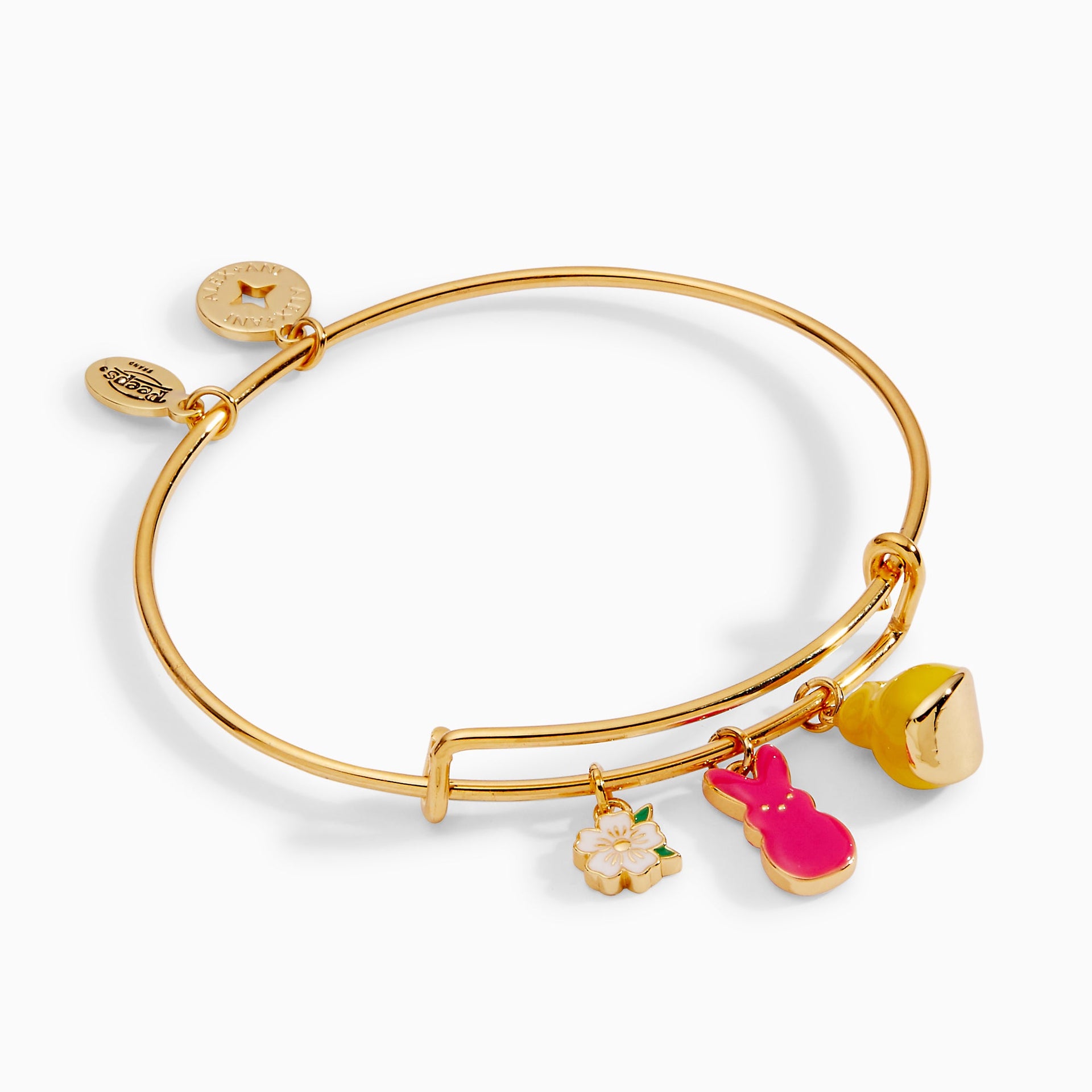 Gold-plated PEEPS charm bangle with yellow chick, white bunny, and pink flower enamel charms.
