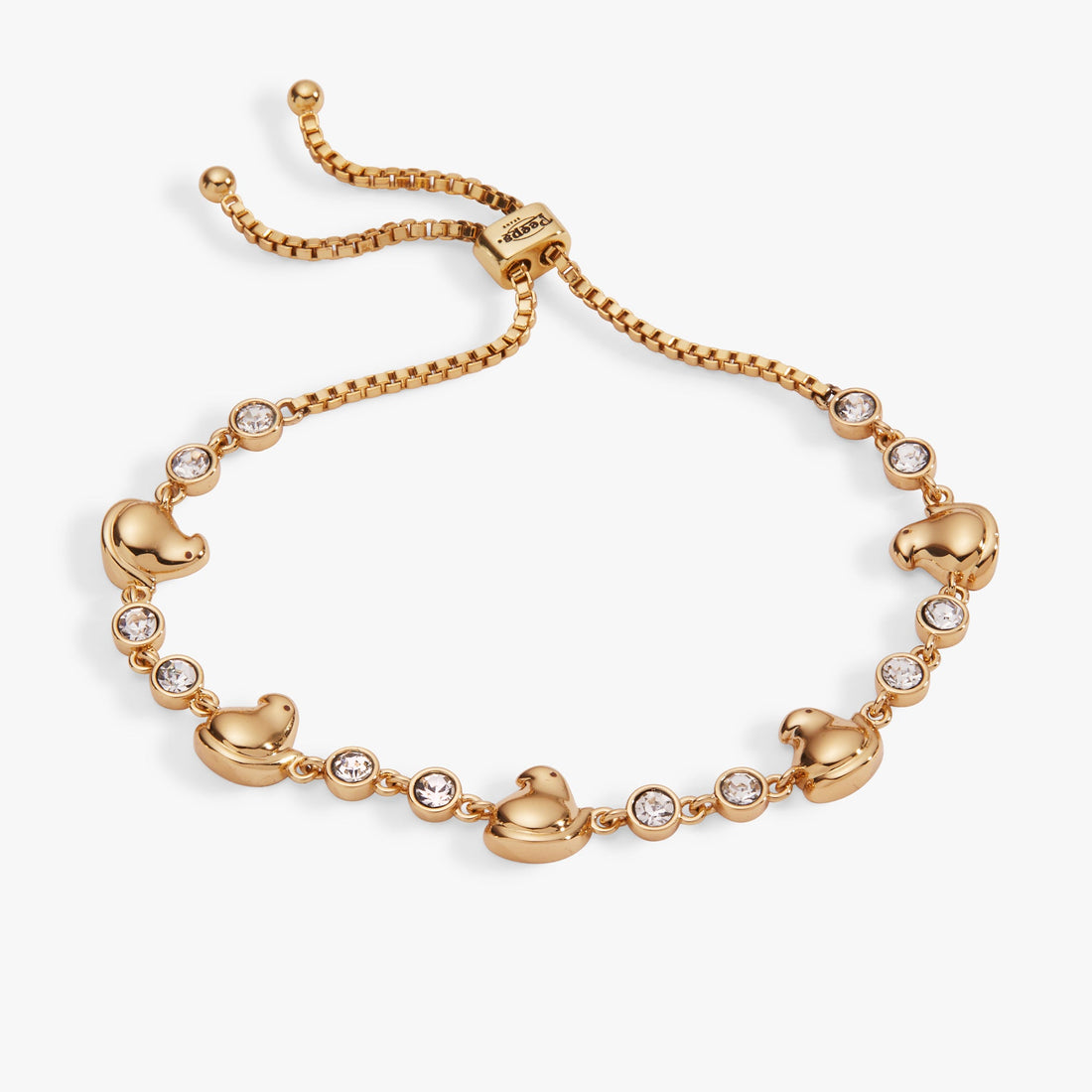 Whimsical PEEPS chick bolo bracelet with clear crystal stones and adjustable metal chain.