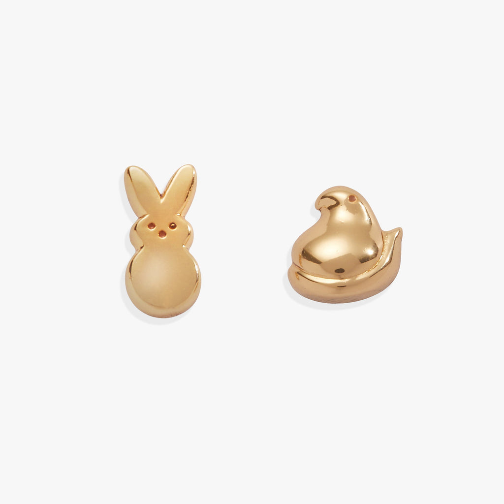 Gold-tone stud earrings featuring a PEEPS® bunny on one and a PEEPS® chick on the other