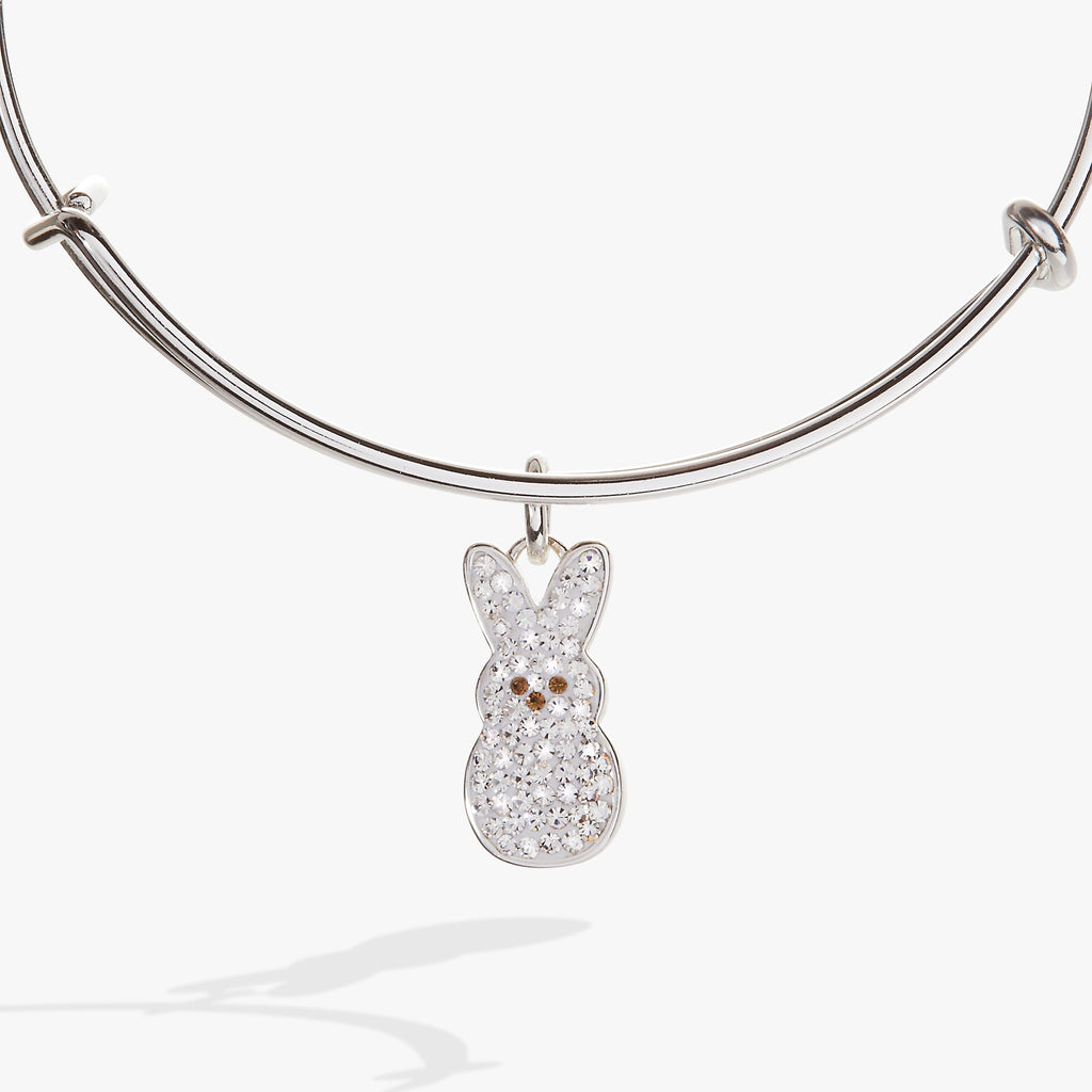 Silver expandable wire bangle with a pavé crystal PEEPS bunny charm in white