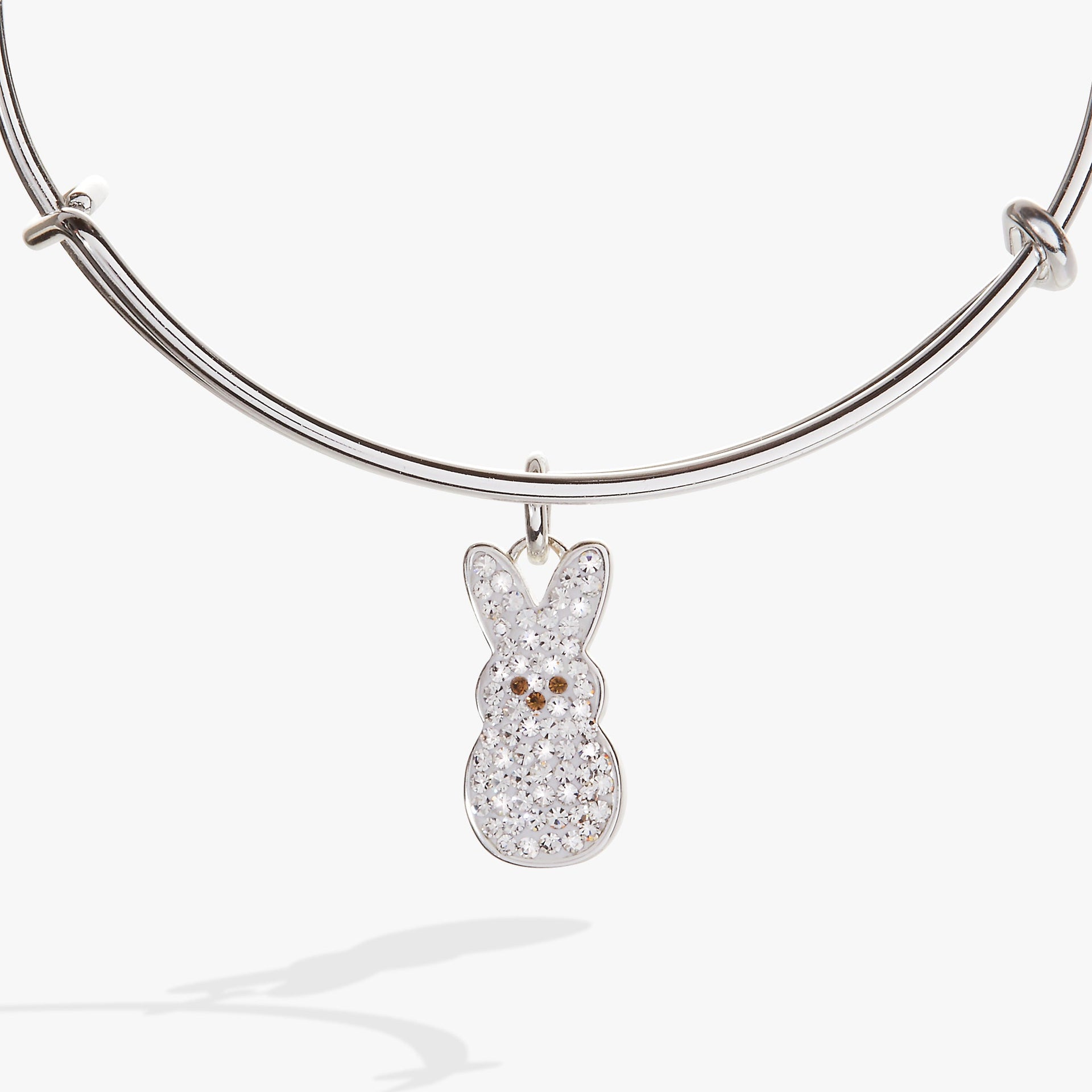 Silver expandable wire bangle with a pavé crystal PEEPS bunny charm in white