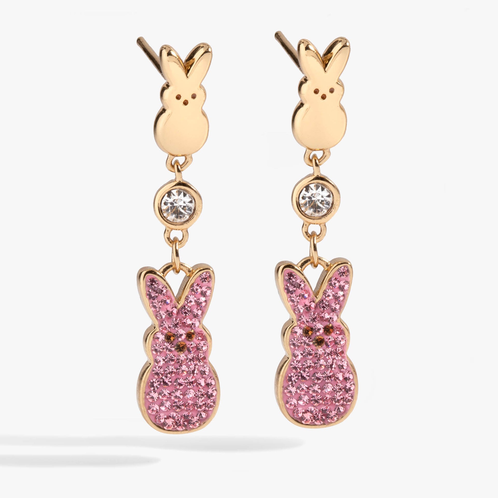 Playful PEEPS® bunny statement earrings featuring gold-tone charms and pink pavé crystals.