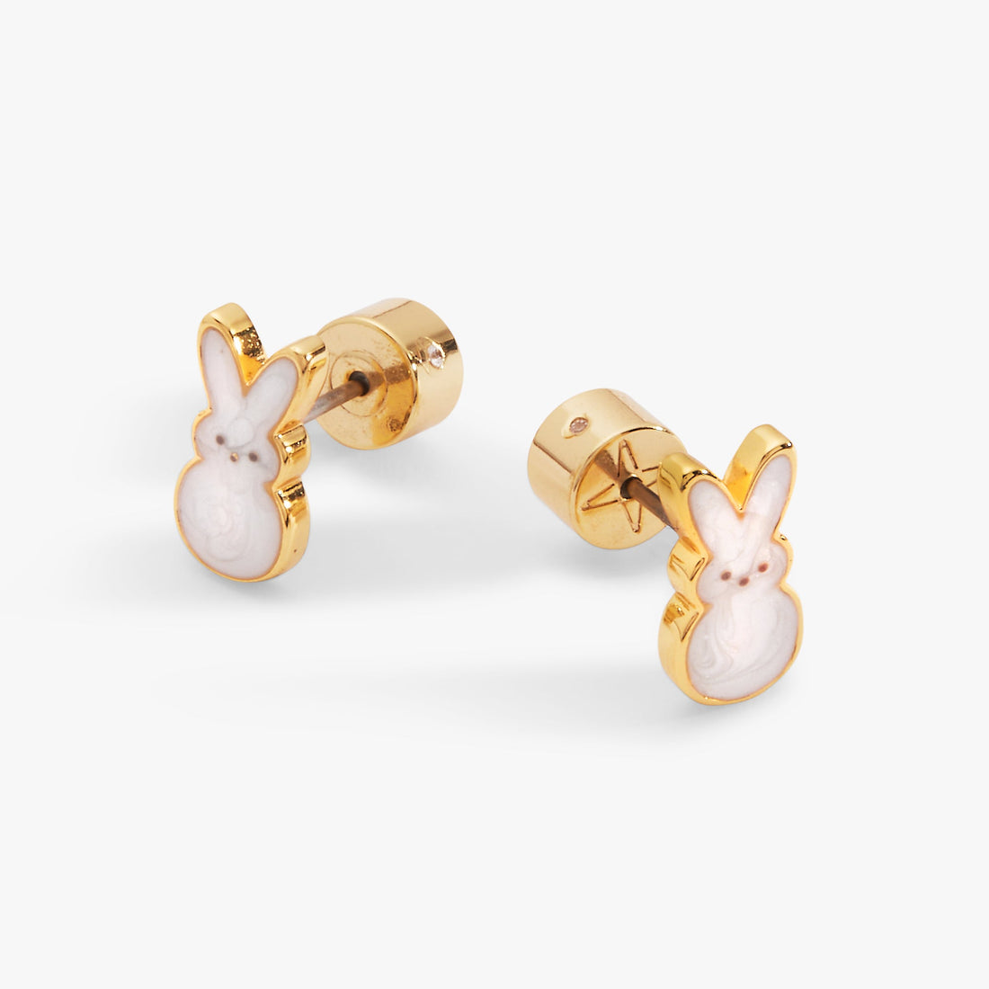 Close-up of PEEPS® white pearlized bunny stud earrings with gold or silver plating.