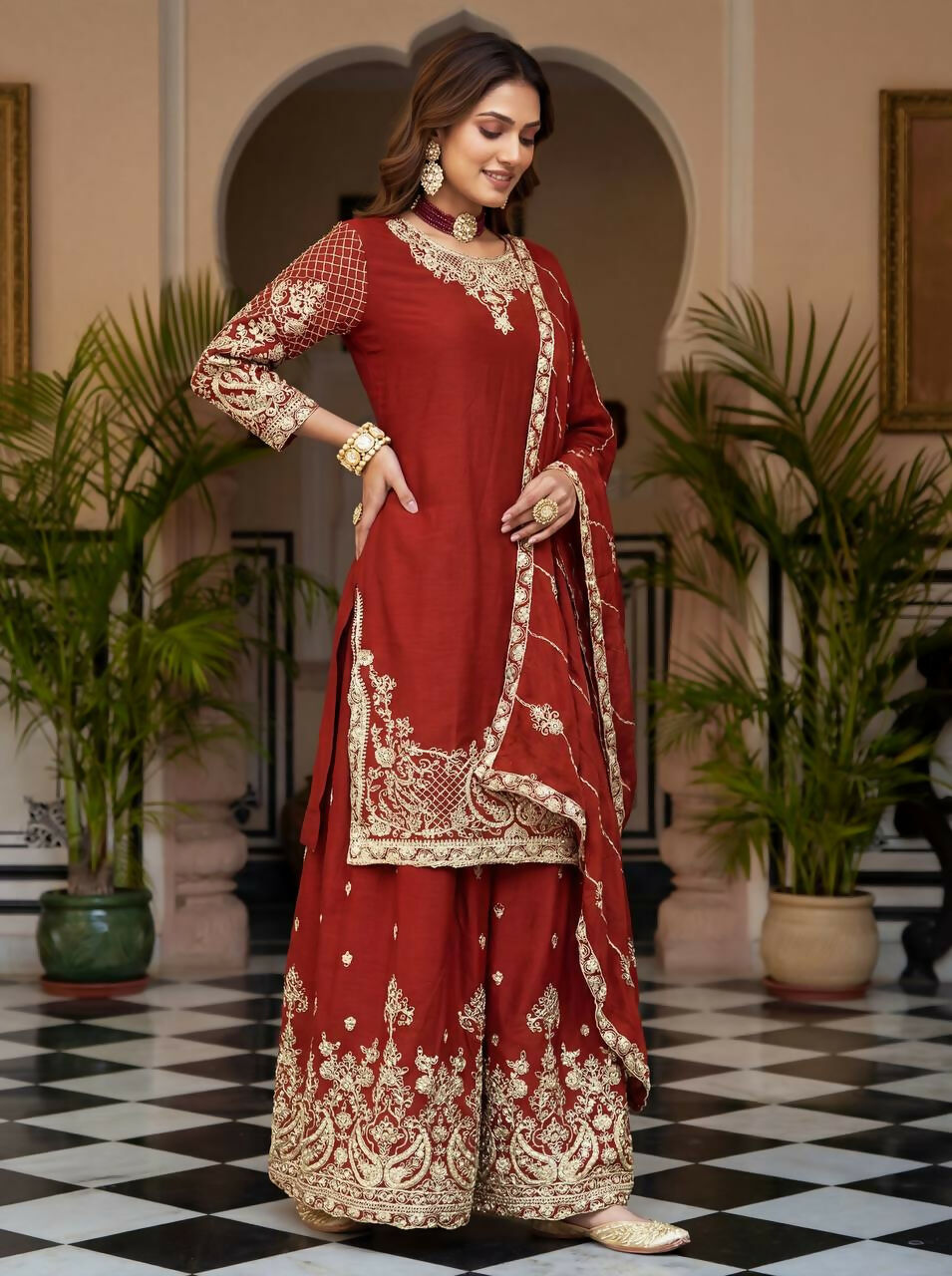 Red Silk Embroidered Sharara Set with Stitched Ethnic Kurti