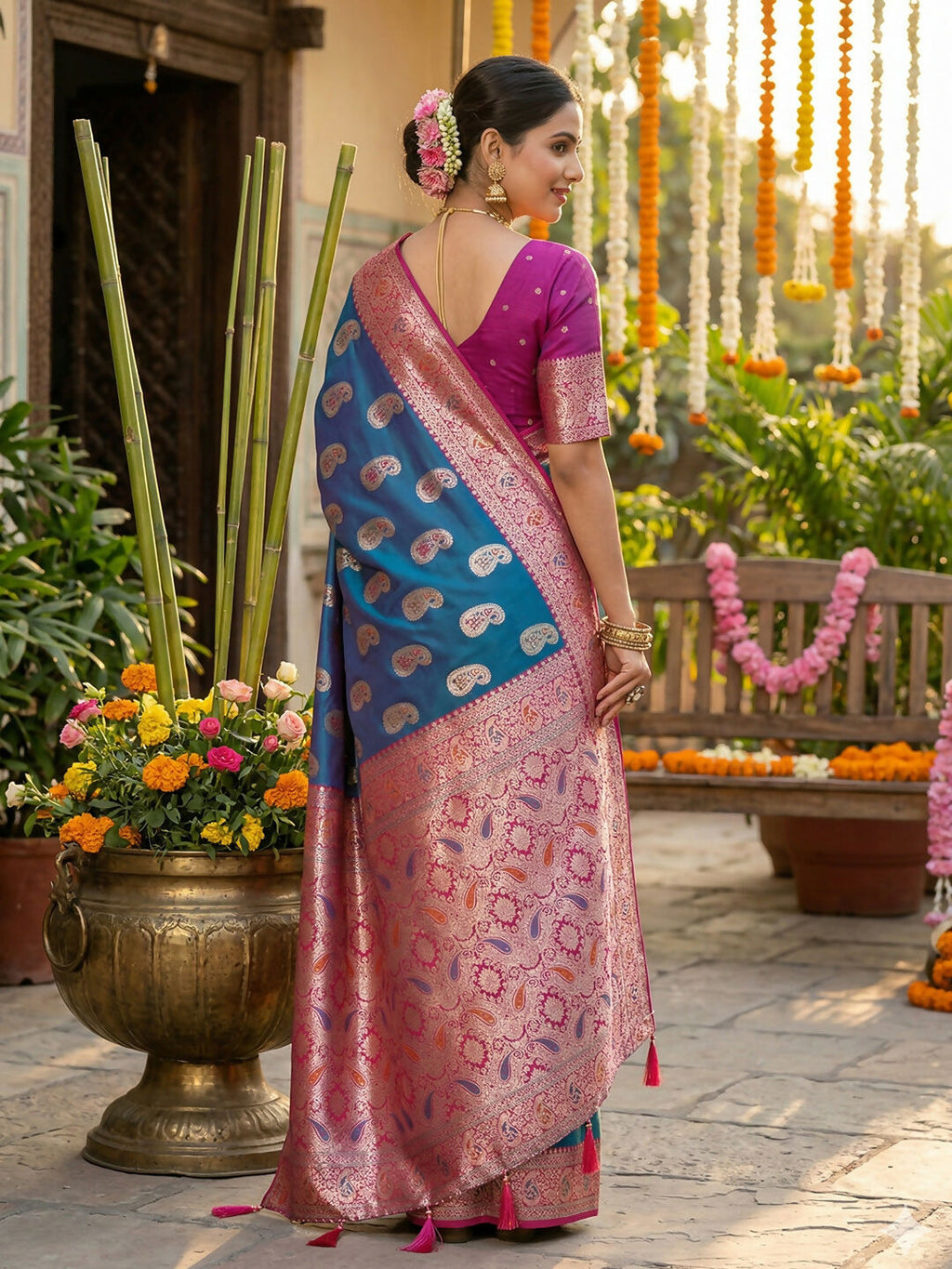 Sky Blue Silk Blend Saree with Matching Blouse Piece