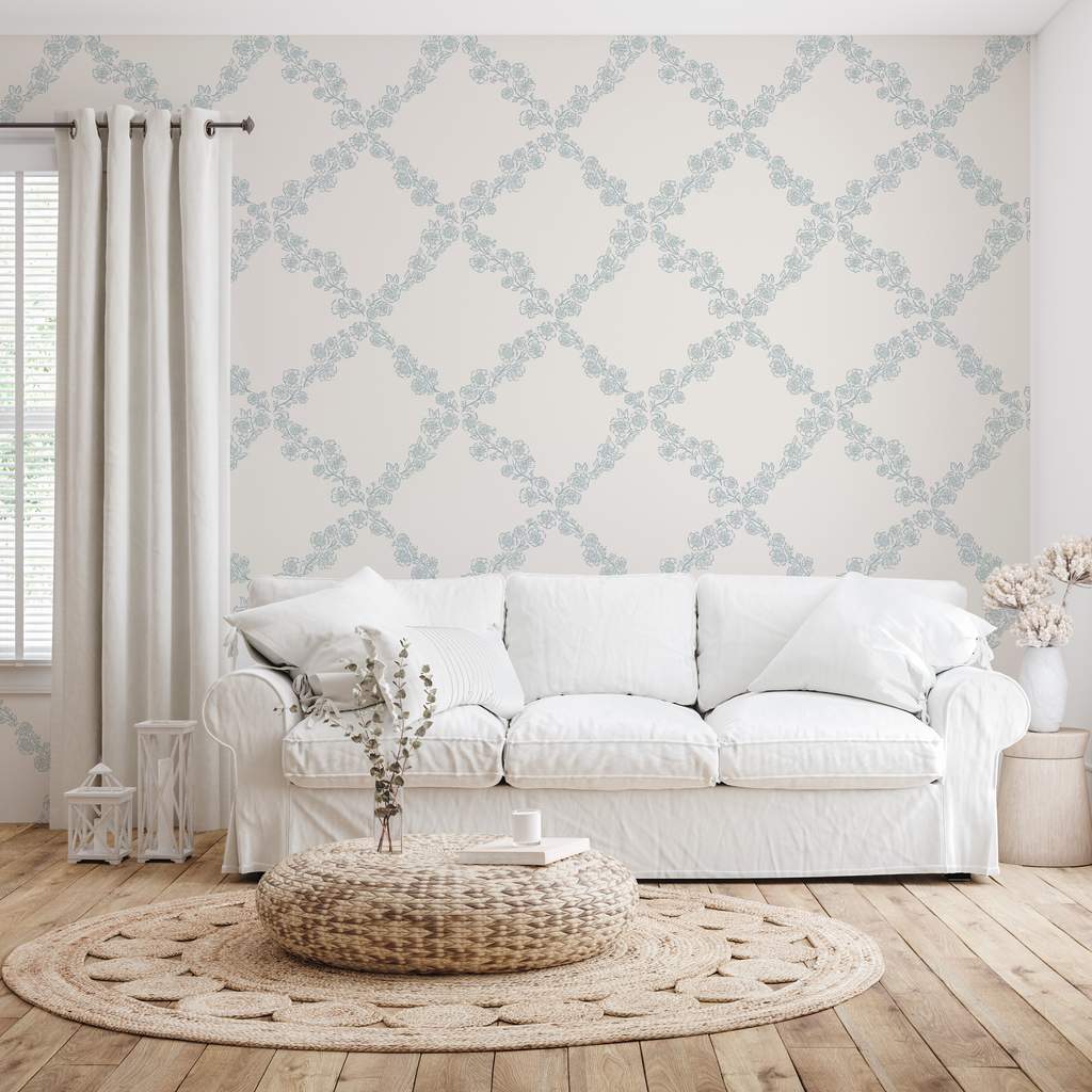 Pepper Floral Wallpaper in Blue, White and Beige - Traditional