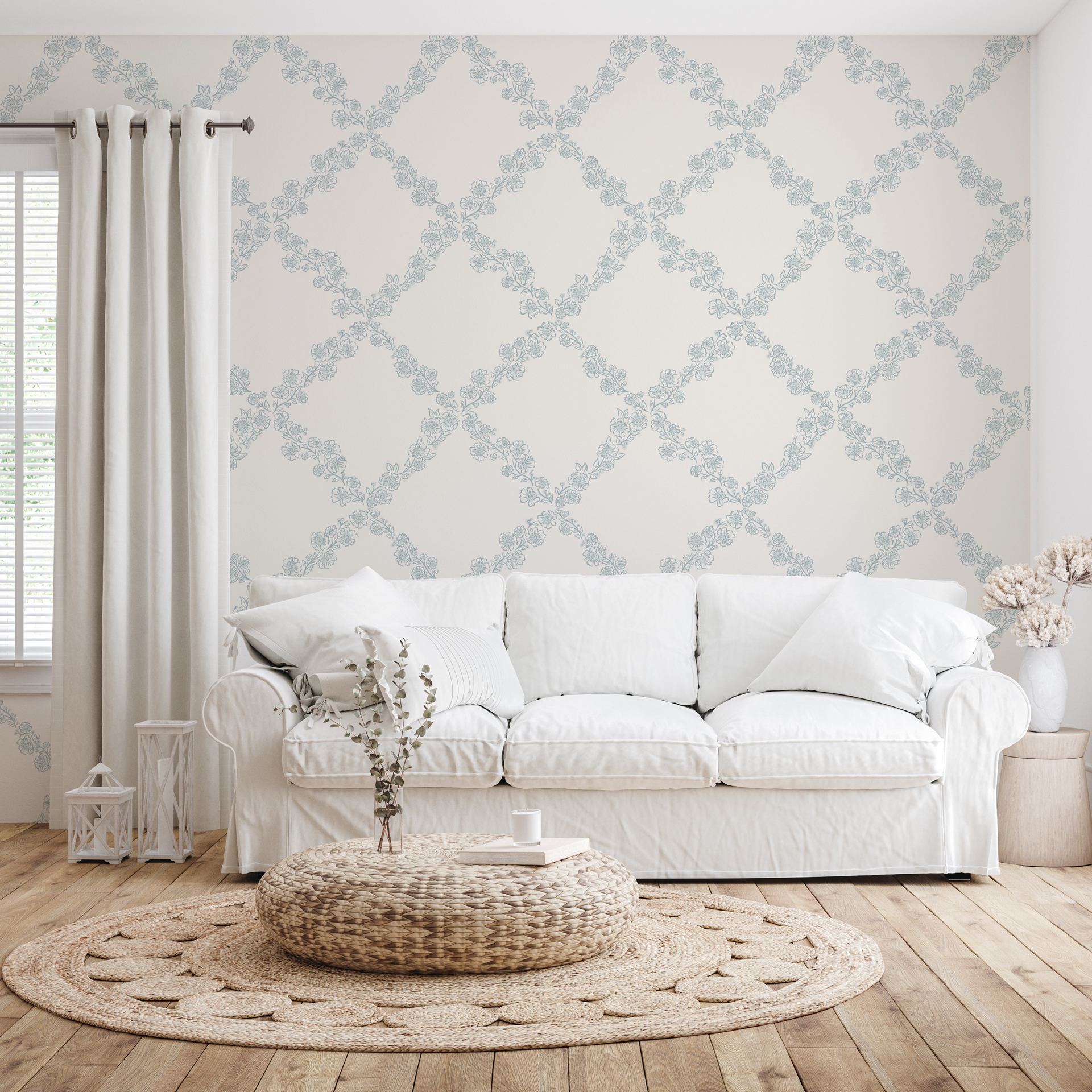Pepper Floral Wallpaper in Blue, White and Beige - Traditional