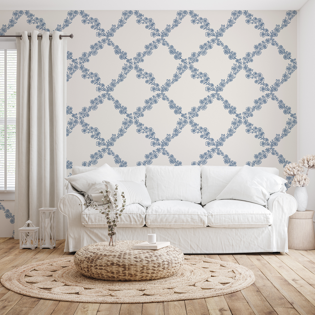 Pepper floral wallpaper featuring blue, white, and beige flowers in a traditional coastal setting.