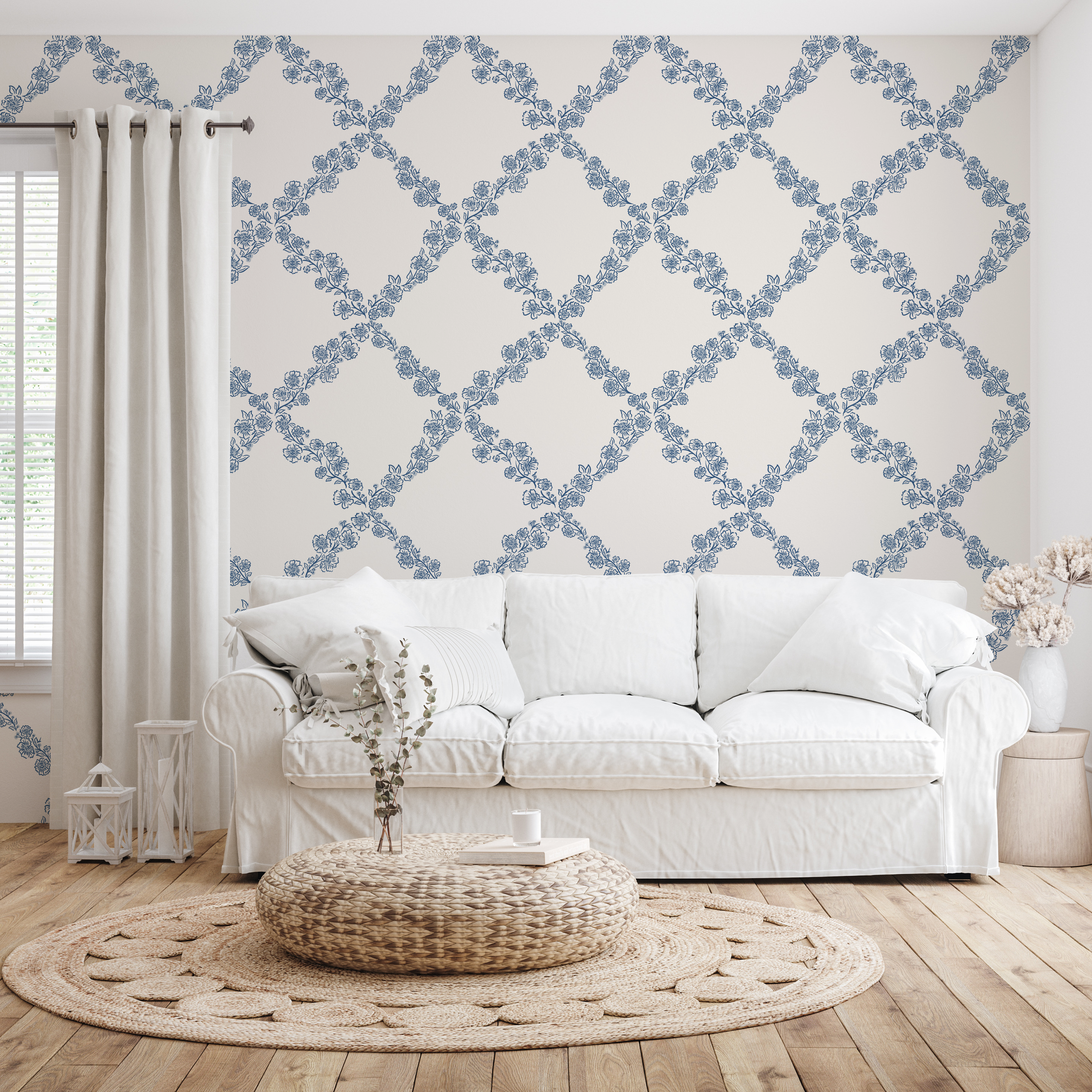 Pepper floral wallpaper featuring blue, white, and beige flowers in a traditional coastal setting.