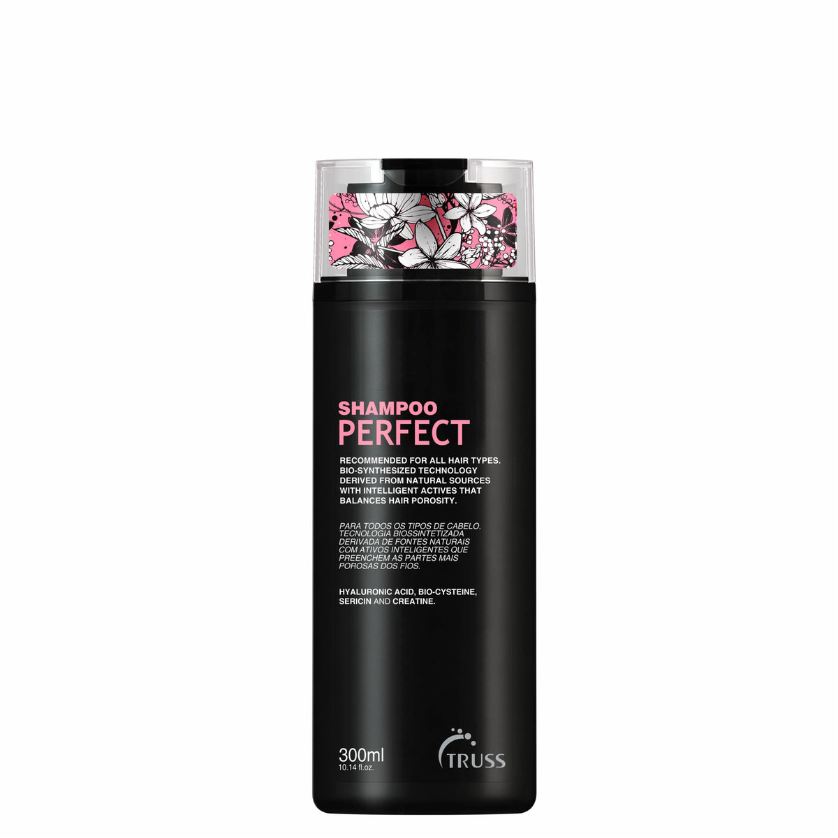 Truss Perfect Shampoo in black and pink bottle for strength and volume
