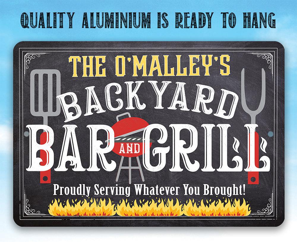 Personalized - Backyard Bar and Grill (Chalkboard Look) - Metal Sign