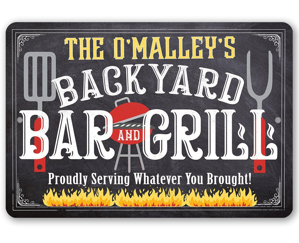 Personalized - Backyard Bar and Grill (Chalkboard Look) - Metal Sign