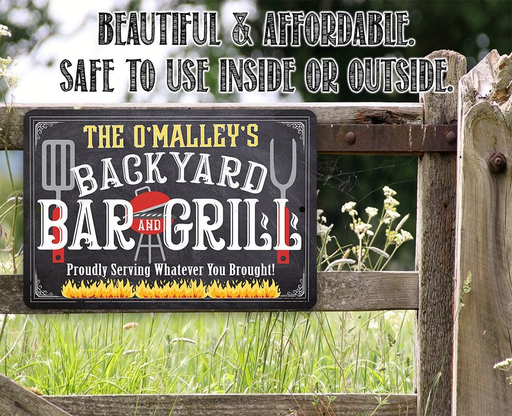 Personalized - Backyard Bar and Grill (Chalkboard Look) - Metal Sign