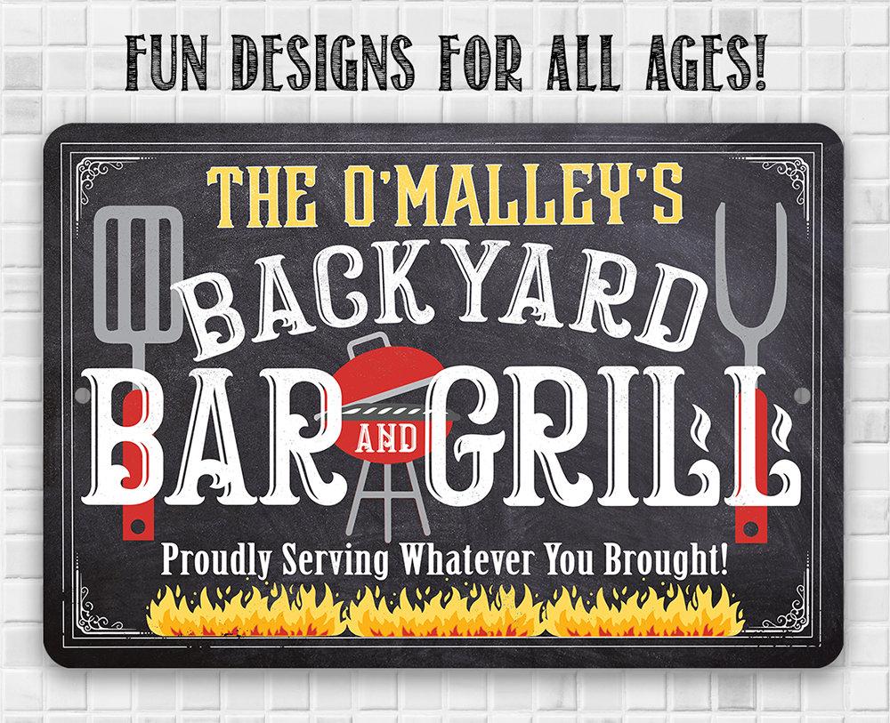 Personalized - Backyard Bar and Grill (Chalkboard Look) - Metal Sign