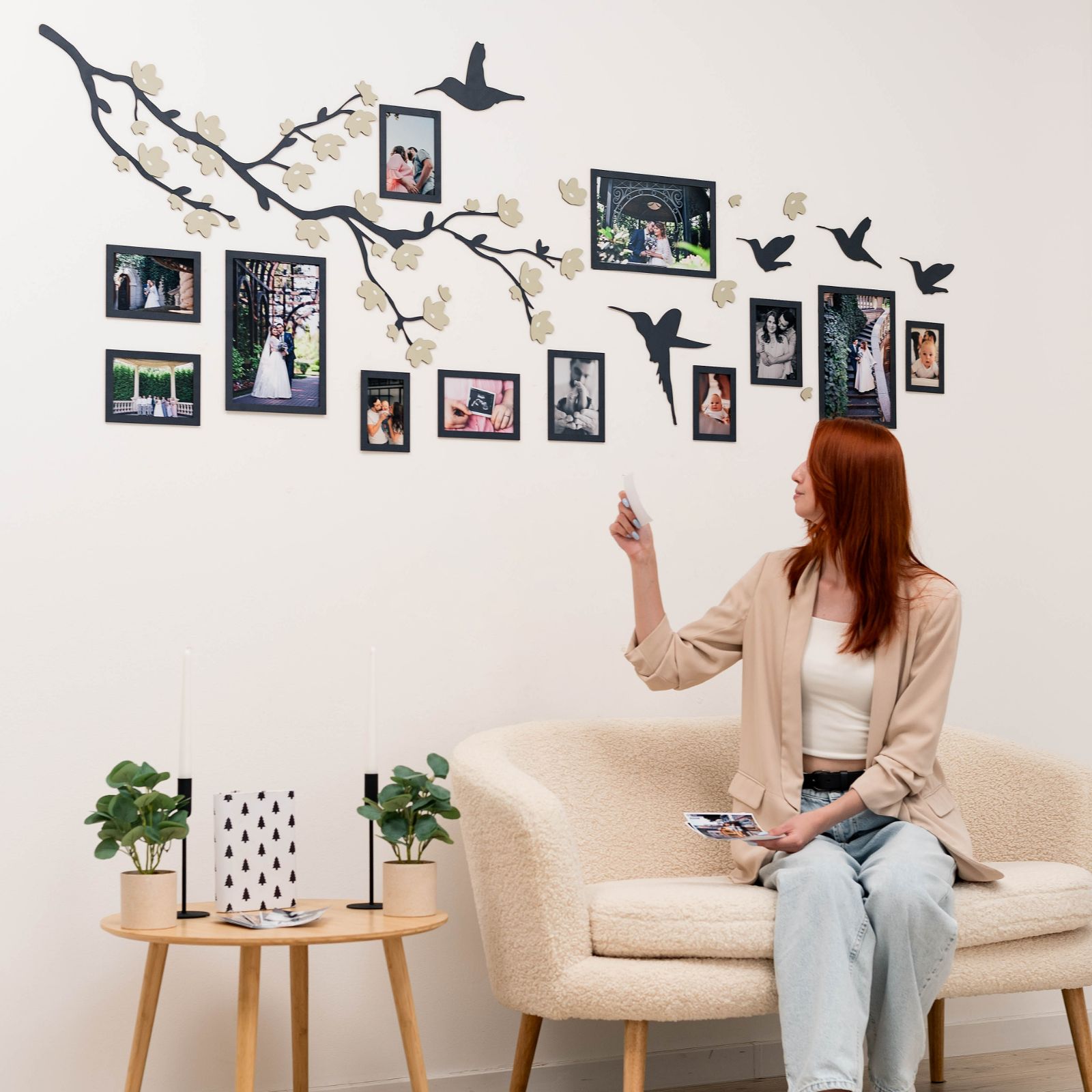 Large wooden family tree wall art with customizable branches for family names and dates